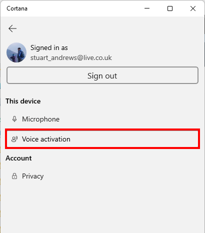 Click the Options button then Settings then Voice activation